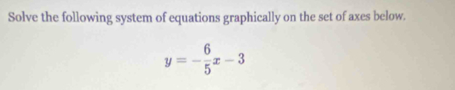 Solve the following system of equations graphically on the set of axes below.
y=- 6/5 x-3