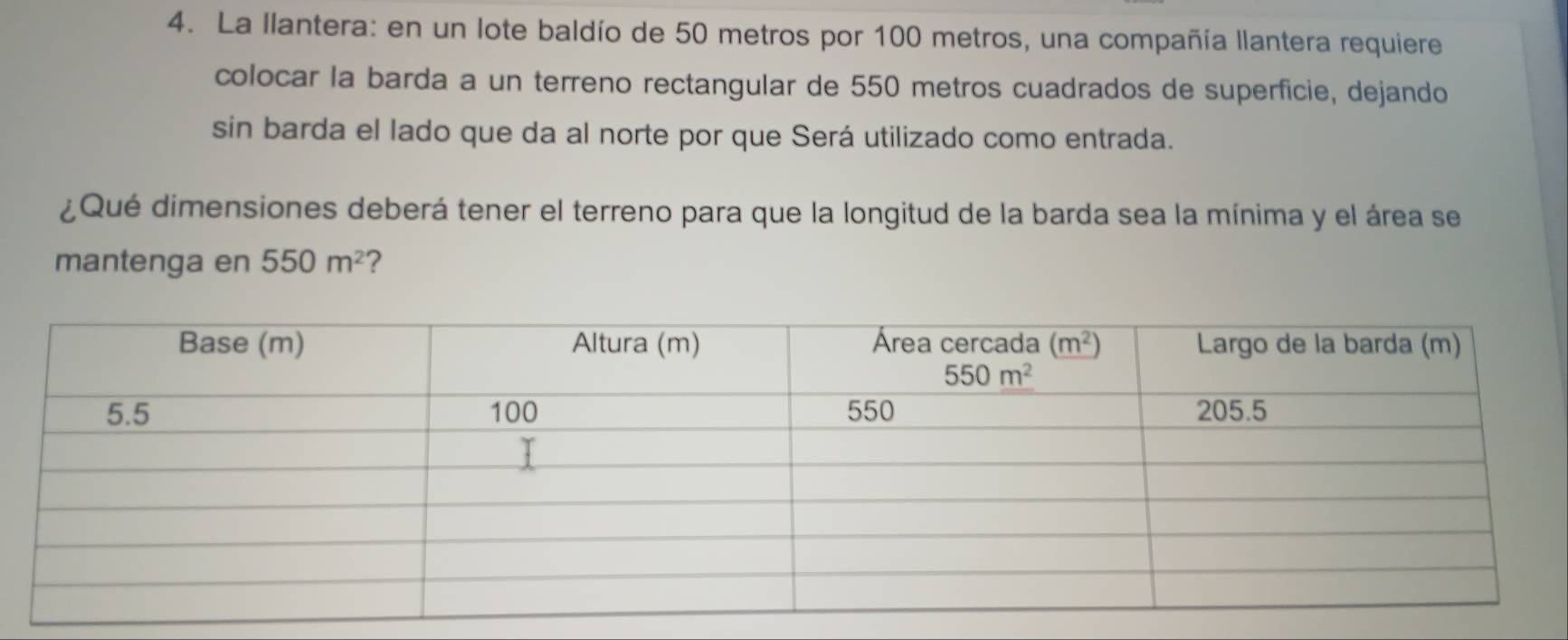 La llantera: en un lote baldío de 50 metros por 100 metros, una compañía llantera requiere
colocar la barda a un terreno rectangular de 550 metros cuadrados de superficie, dejando
sin barda el lado que da al norte por que Será utilizado como entrada.
¿Qué dimensiones deberá tener el terreno para que la longitud de la barda sea la mínima y el área se
mantenga en 550m^2 ?