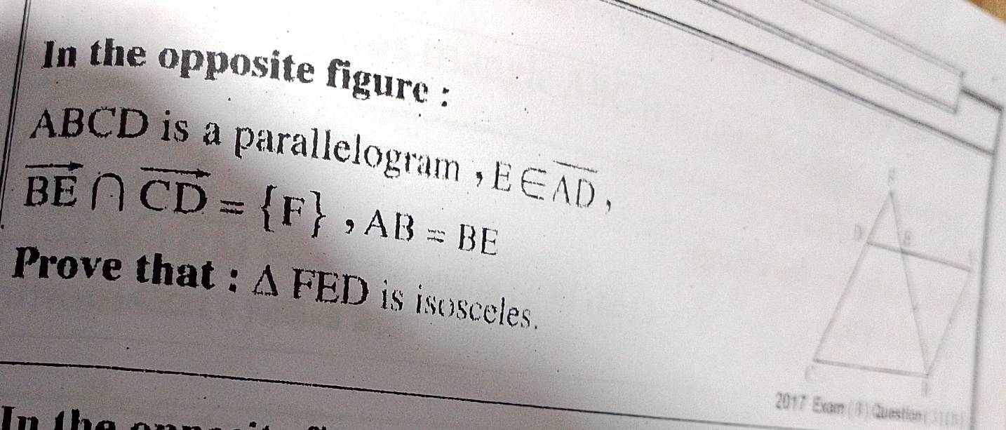 In the opposite figure :
ABCD is a parallelogram
vector BE∩ vector CD= F , AB=BE E∈ overline AD, 
Prove that : △ FED is isosceles.