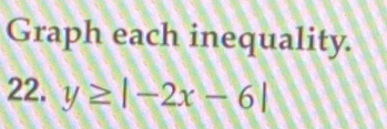 Graph each inequality. 
22. y≥ |-2x-6|