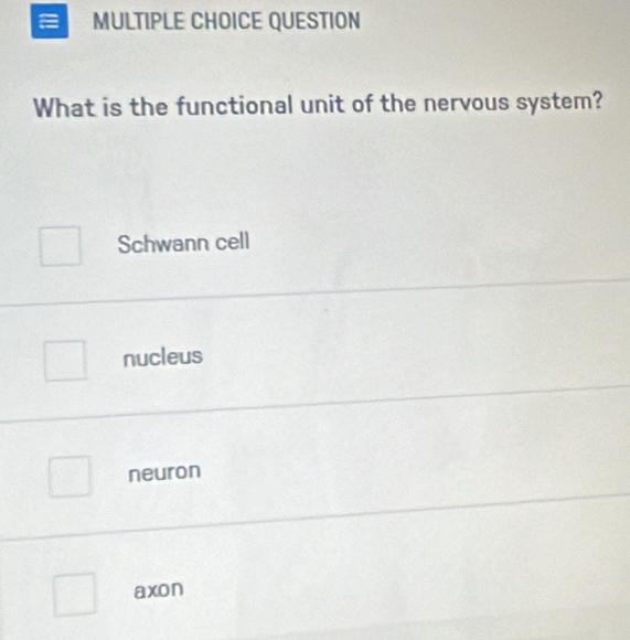 QUESTION
What is the functional unit of the nervous system?
Schwann cell
nucleus
neuron
axon