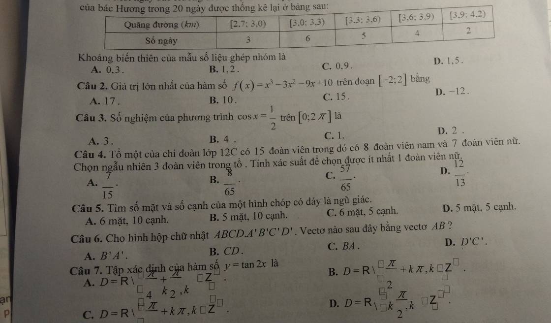 Khoảng biến thiên của mẫu số liệu ghép nhóm là
A. 0,3 . B. 1,2 . C. 0,9 . D. 1,5 .
Câu 2. Giá trị lớn nhất của hàm số f(x)=x^3-3x^2-9x+10 trên đoạn [-2;2] bằng
A. 17. B. 10 . C. 15 . D. -12 .
Câu 3. Số nghiệm của phương trình cos x= 1/2  trên [0;2π ] là
A. 3 . B. 4 . C. 1.
D. 2 .
Câu 4. Tổ một của chi đoàn lớp 12C có 15 đoàn viên trong đó có 8 đoàn viên nam và 7 đoàn viên nữ.
Chọn ngẫu nhiên 3 đoàn viên trong tổ . Tính xác suất đề chọn được ít nhất 1 đoàn viên nữ,
C.
A.  7/15 ·  8/65 ·  57/65 ·
D.  12/13 ·
B.
Câu 5. Tìm số mặt và số cạnh của một hình chóp có đáy là ngũ giác.
A. 6 mặt, 10 cạnh. B. 5 mặt, 10 cạnh. C. 6 mặt, 5 cạnh. D. 5 mặt, 5 cạnh.
Câu 6. Cho hình hộp chữ nhật ABCD. A'B'C'D'. Vectơ nào sau đây bằng vectơ AB ?
A. B'A'. B. CD . C. BA . D. D'C'.
Câu 7. Tập xác định của hàm số y=tan 2x là
A. D=R| (-π )/4 + π /2 ,k=k 2endarray ,k
B.
an
p
C. D=R| □ π /□  +kπ ,k□ z^(□). D=Rsqrt(frac □ Z)□ _□  □ /□  ^□ +kπ ,kπ ,2^(□), D=Rsqrt(frac □ )□  (-□ )/k ,□ ,beginarrayr □ ,
D.