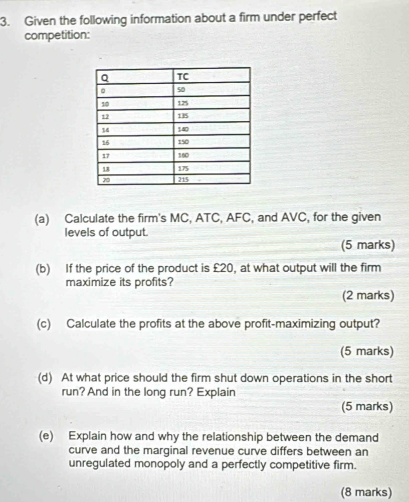 Given the following information about a firm under perfect 
competition: 
(a) Calculate the firm's MC, ATC, AFC, and AVC, for the given 
levels of output. 
(5 marks) 
(b) If the price of the product is £20, at what output will the firm 
maximize its profits? 
(2 marks) 
(c) Calculate the profits at the above profit-maximizing output? 
(5 marks) 
(d) At what price should the firm shut down operations in the short 
run? And in the long run? Explain 
(5 marks) 
(e) Explain how and why the relationship between the demand 
curve and the marginal revenue curve differs between an 
unregulated monopoly and a perfectly competitive firm. 
(8 marks)