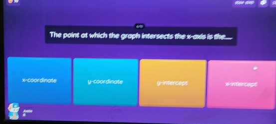 The point at which the graph intersects the x-axis is the.
x-coordinate y-coordinate yintercept