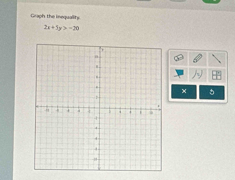 Graph the inequality.
2x+5y>-20
× 5