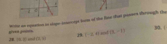 Write an equation in siope-intercept form of the line that passes through the 
given points. 30. ( 
29. (-2,4) and (3,-1)
28. (0,3) and (2,5)