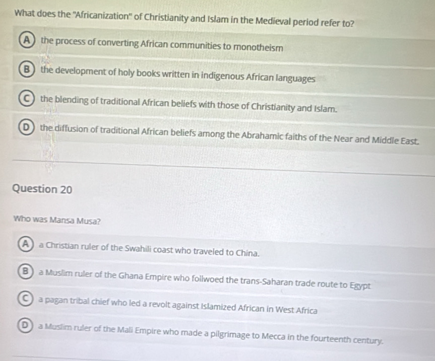 Solved: What does the ''Africanization'' of Christianity and Islam in ...