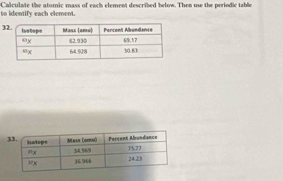 Calculate the atomic mass of each element described below. Then use the periodic table 
to identify each element.