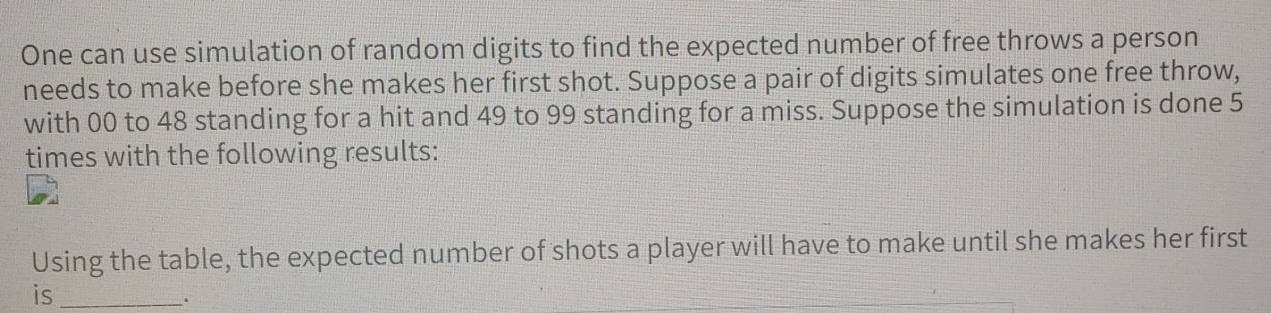 One can use simulation of random digits to find the expected number of free throws a person 
needs to make before she makes her first shot. Suppose a pair of digits simulates one free throw, 
with 00 to 48 standing for a hit and 49 to 99 standing for a miss. Suppose the simulation is done 5
times with the following results: 
Using the table, the expected number of shots a player will have to make until she makes her first 
is_ 
.