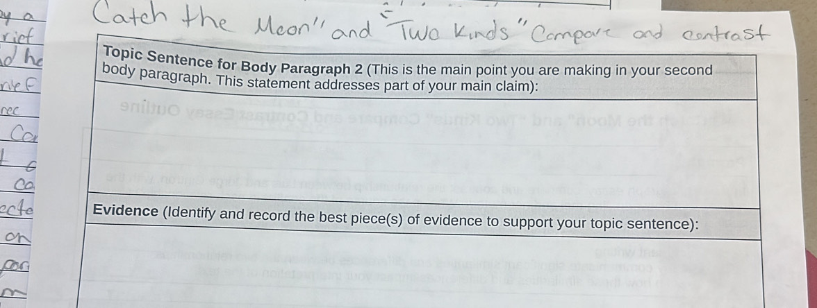 Topic Sentence for Body Paragraph 2 (This is the main point you are making in your second 
body paragraph. This statement addresses part of your main claim): 
Evidence (Identify and record the best piece(s) of evidence to support your topic sentence):