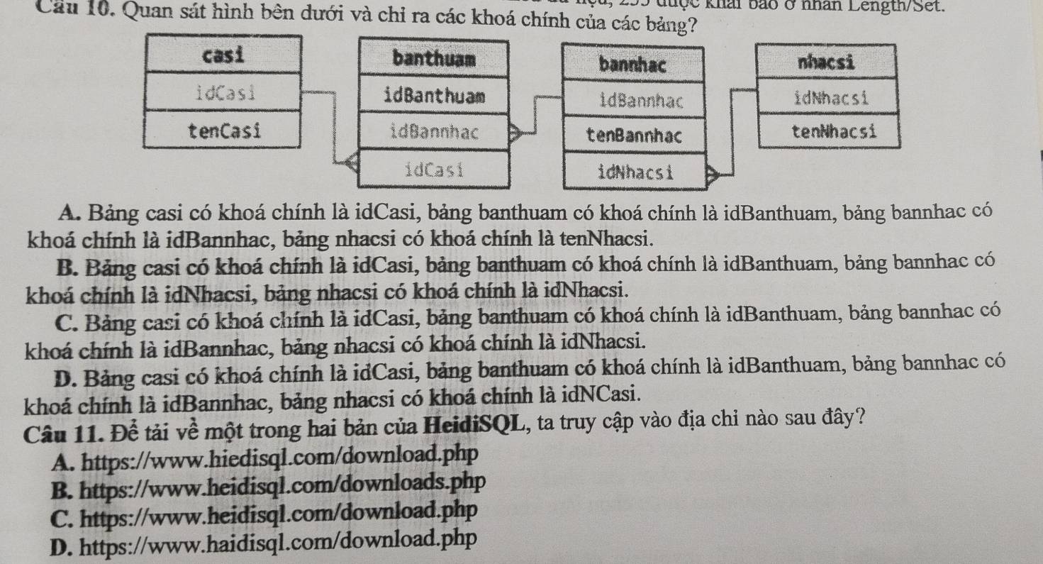 135 đuợc khái bảo ở nhân Length/Set.
Cầu 10. Quan sát hình bên dưới và chỉ ra các khoá chính của các bảng?
banthuam bannhac nhacsi
idBanthuam idBannhac idNhacsi
idBannhac tenBannhac tenNhacsi
idCasi idNhacsi
A. Bảng casi có khoá chính là idCasi, bảng banthuam có khoá chính là idBanthuam, bảng bannhac có
khoá chính là idBannhac, bảng nhacsi có khoá chính là tenNhacsi.
B. Bảng casi có khoá chính là idCasi, bảng banthuam có khoá chính là idBanthuam, bảng bannhac có
khoá chính là idNhacsi, bảng nhacsi có khoá chính là idNhacsi.
C. Bảng casi có khoá chính là idCasi, bảng banthuam có khoá chính là idBanthuam, bảng bannhac có
khoá chính là idBannhac, bảng nhacsi có khoá chính là idNhacsi.
D. Bảng casi có khoá chính là idCasi, bảng banthuam có khoá chính là idBanthuam, bảng bannhac có
khoá chính là idBannhac, bảng nhacsi có khoá chính là idNCasi.
Câu 11. Để tải về một trong hai bản của HeidiSQL, ta truy cập vào địa chỉ nào sau đây?
A. https://www.hiedisq1.com/download.php
B. https://www.heidisql.com/downloads.php
C. https://www.heidisql.com/download.php
D. https://www.haidisq1.com/download.php