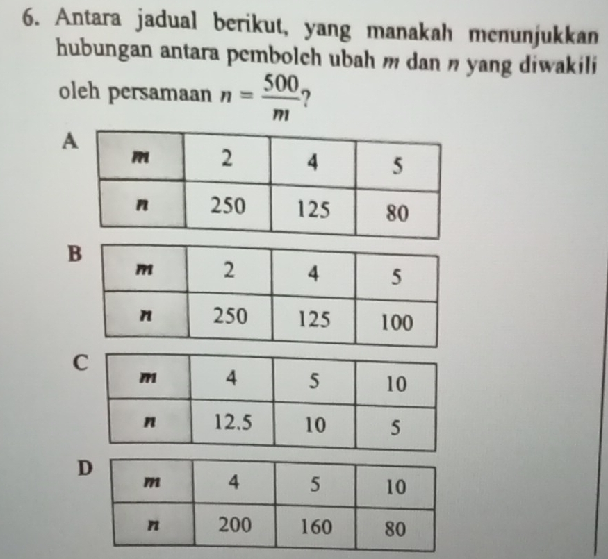 Antara jadual berikut, yang manakah menunjukkan 
hubungan antara pembolch ubah m dan n yang diwakili 
oleh persamaan n= 500/m  2