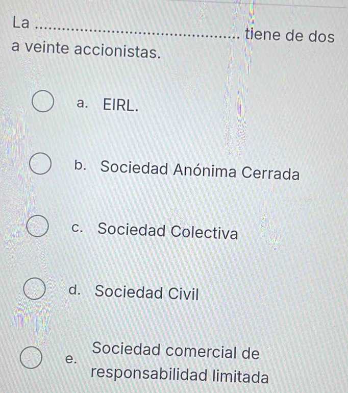 La_
tiene de dos
a veinte accionistas.
a. EIRL.
b. Sociedad Anónima Cerrada
c. Sociedad Colectiva
d. Sociedad Civil
Sociedad comercial de
e.
responsabilidad limitada