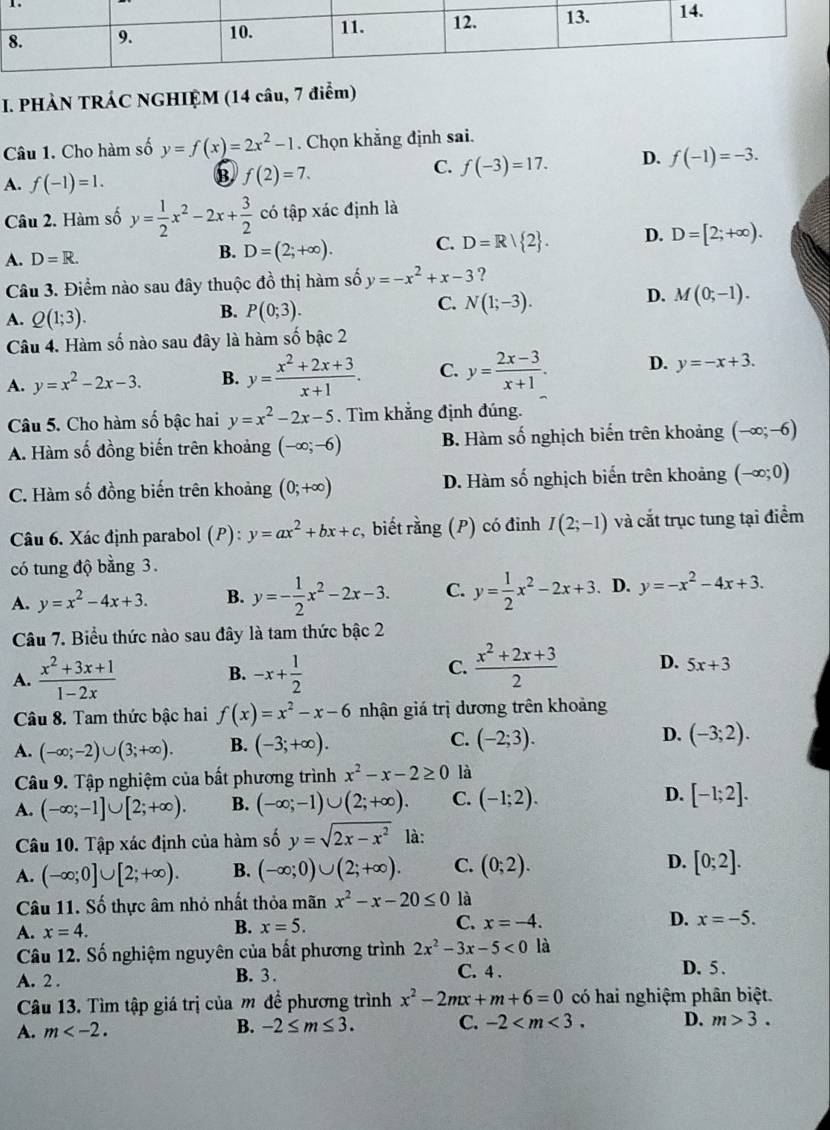 PHÀN TRÁC NGHIỆM (14 câu, 7 điểm)
Câu 1. Cho hàm số y=f(x)=2x^2-1. Chọn khẳng định sai.
C. f(-3)=17. D. f(-1)=-3.
A. f(-1)=1.
B f(2)=7.
Câu 2. Hàm số y= 1/2 x^2-2x+ 3/2  có tập xác định là
A. D=R. D=(2;+∈fty ). C. D=R/ 2 . D. D=[2;+∈fty ).
B.
Câu 3. Điểm nào sau đây thuộc đồ thị hàm số y=-x^2+x-3 ?
D. M(0;-1).
A. Q(1;3).
B. P(0;3).
C. N(1;-3).
Câu 4. Hàm số nào sau đây là hàm số bậc 2
A. y=x^2-2x-3. B. y= (x^2+2x+3)/x+1 . C. y= (2x-3)/x+1 . D. y=-x+3.
Câu 5. Cho hàm số bậc hai y=x^2-2x-5. Tìm khẳng định đúng.
A. Hàm số đồng biến trên khoảng (-∈fty ;-6) B. Hàm số nghịch biến trên khoảng (-∈fty ;-6)
C. Hàm số đồng biến trên khoảng (0;+∈fty ) D. Hàm số nghịch biến trên khoảng (-∈fty ;0)
Câu 6. Xác định parabol (P) : y=ax^2+bx+c , biết rằng (P) có đinh I(2;-1) và cắt trục tung tại điểm
có tung độ bằng 3.
A. y=x^2-4x+3. B. y=- 1/2 x^2-2x-3. C. y= 1/2 x^2-2x+3. D. y=-x^2-4x+3.
Câu 7. Biểu thức nào sau đây là tam thức bậc 2
A.  (x^2+3x+1)/1-2x  B. -x+ 1/2  C.  (x^2+2x+3)/2  D. 5x+3
Câu 8. Tam thức bậc hai f(x)=x^2-x-6 nhận giá trị dương trên khoảng
A. (-∈fty ;-2)∪ (3;+∈fty ). B. (-3;+∈fty ). C. (-2;3). D. (-3;2).
Câu 9. Tập nghiệm của bất phương trình x^2-x-2≥ 0 là
A. (-∈fty ;-1]∪ [2;+∈fty ). B. (-∈fty ;-1)∪ (2;+∈fty ). C. (-1;2). D. [-1;2].
Câu 10. Tập xác định của hàm số y=sqrt(2x-x^2) là:
A. (-∈fty ;0]∪ [2;+∈fty ). B. (-∈fty ;0)∪ (2;+∈fty ). C. (0;2). D. [0;2].
Câu 11. Số thực âm nhỏ nhất thỏa mãn x^2-x-20≤ 0 là
A. x=4.
B. x=5. C. x=-4. D. x=-5.
Câu 12. Số nghiệm nguyên của bất phương trình 2x^2-3x-5<0</tex> là
A. 2 . B. 3 . C. 4 .
D. 5 .
Câu 13. Tìm tập giá trị của m đề phương trình x^2-2mx+m+6=0 có hai nghiệm phân biệt.
A. m B. -2≤ m≤ 3. C. -2 D. m>3.