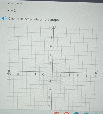 y=x-4
x=3
Click to select points on the graph.