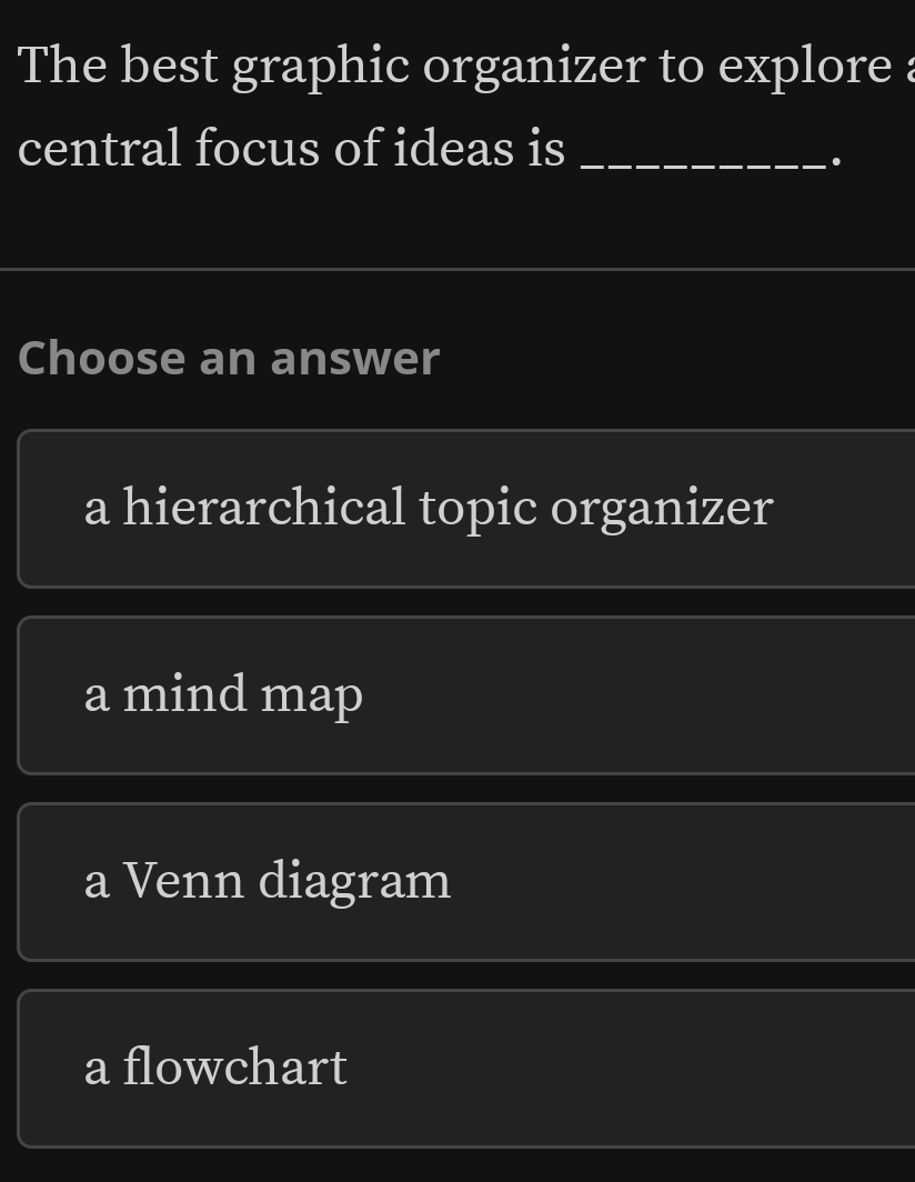 The best graphic organizer to explore :
central focus of ideas is_
.
Choose an answer
a hierarchical topic organizer
a mind map
a Venn diagram
a flowchart