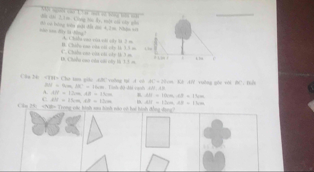 Một ngời cáo 1,5s một có bóng trên mặt
đất đài 2, 1m. Cùng lúc ấy, một cái cây gầu
đó có bóng trên mặt đất đài 4,2m. Nhận xét
nào sau đây là đồng?
A. Chiều cao của cái cây là 2 m.
B. Chiều cao của cái cây là 3.5 m.
C. Chiều cao của cái cây là 3 m.
D. Chiều cao của cái cây là 3.5 m. 
Câu 24: ∠ IHI> Cho tam giác ABC vuỡng tại A cô AC=20cm Kè AH vuông góc với 8C. Biết
BH=9cm, HC=16cm , Tính độ dài cạnh AH , AB,
A. AR=12cm, AB=15cm B. AH=10cm, AB=15cm.
C. AH=15cm, AB=12cm D. AH=12cm, AB=13cm
Câu 25: ∠ N B> Trong các hình sau hình nào có hai hình đồng dạng?