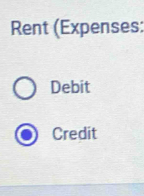 Rent (Expenses: 
Debit 
Credit