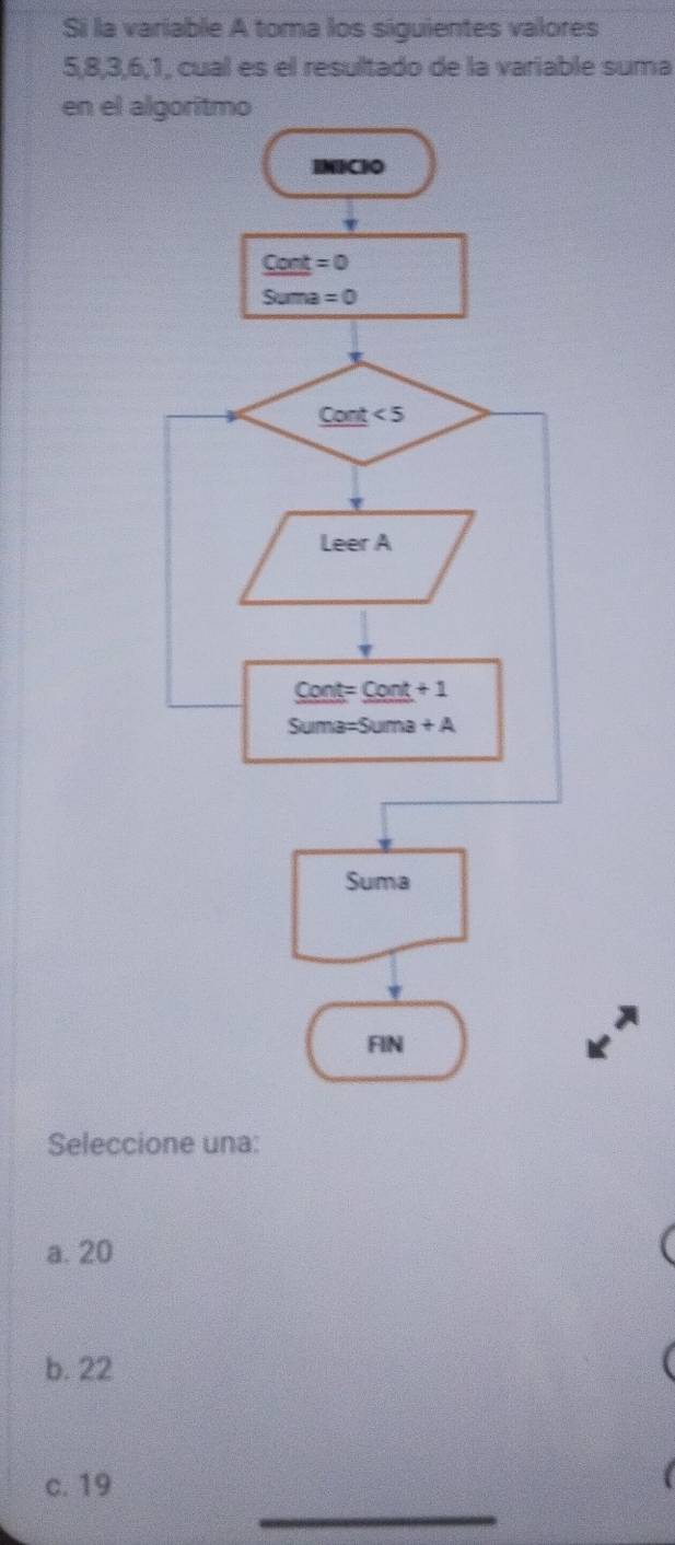 Si la variable A toma los siguientes valores
5,8,3,6,1, cual es el resultado de la variable suma
en el al
Seleccione una:
a. 20
b. 22
_
c. 19