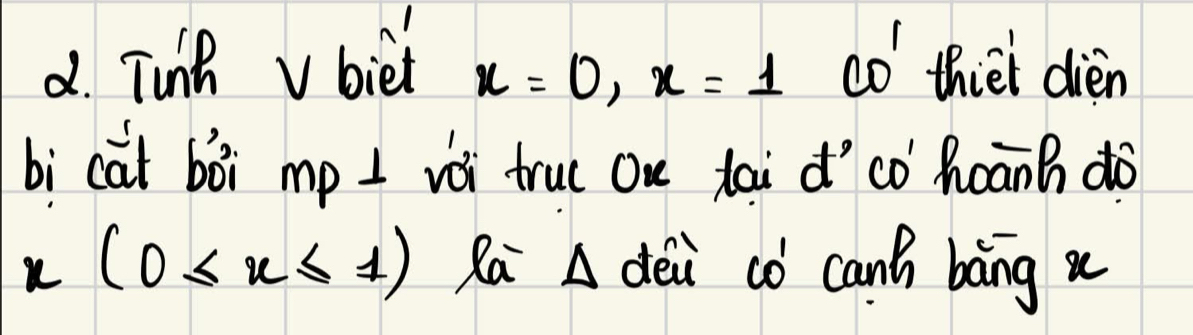 Tunh v biet x=0, x=1 co thiei dien 
bi cat bòi mp I vi truc on tai d'cÒ hoānh do
(0≤ x≤ 1) Ra A dèi có can bāng a