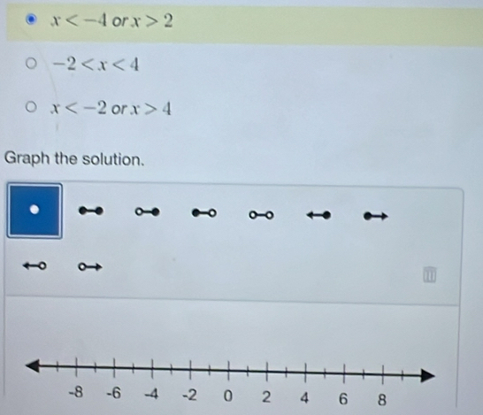 x or x>2
-2
x or x>4
Graph the solution. 
. 
。