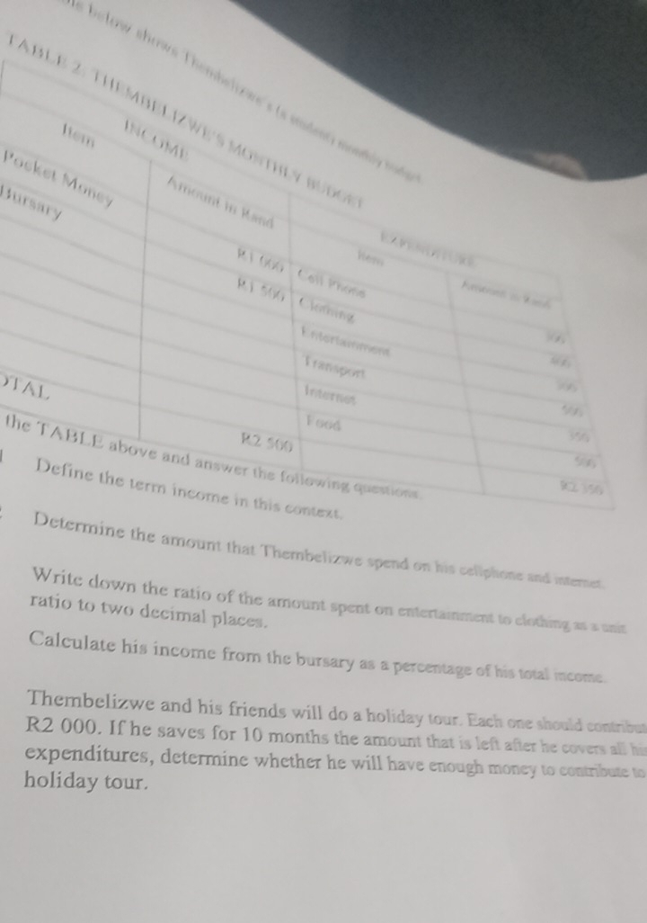 below shews Thembalizws''s (s endent) monby h e 
A b l e 2 : t hem b e l i z w m n hl b 
1tem 
INCOMP 
Pocket Money 
Jursary 
Amount in Rand 
Wer 
RO0GG Call Phons 
Everant a 9 ad 
Rì 56G Cloming 
(6 
Enterlamment 
Transport 
Internet 

TAL Food 356
R2 500
the TABLE above and answer the following questions
506
R2 350
Define the term income in this context. 
Determine the amount that Thembelizwe spend on his celiphone and internet. 
Write down the ratio of the amount spent on entertamment to clothing as a unit 
ratio to two decimal places. 
Calculate his income from the bursary as a percentage of his total income. 
Thembelizwe and his friends will do a holiday tour. Each one should contribut
R2 000. If he saves for 10 months the amount that is left after he covers all his 
expenditures, determine whether he will have enough money to contribute to 
holiday tour.