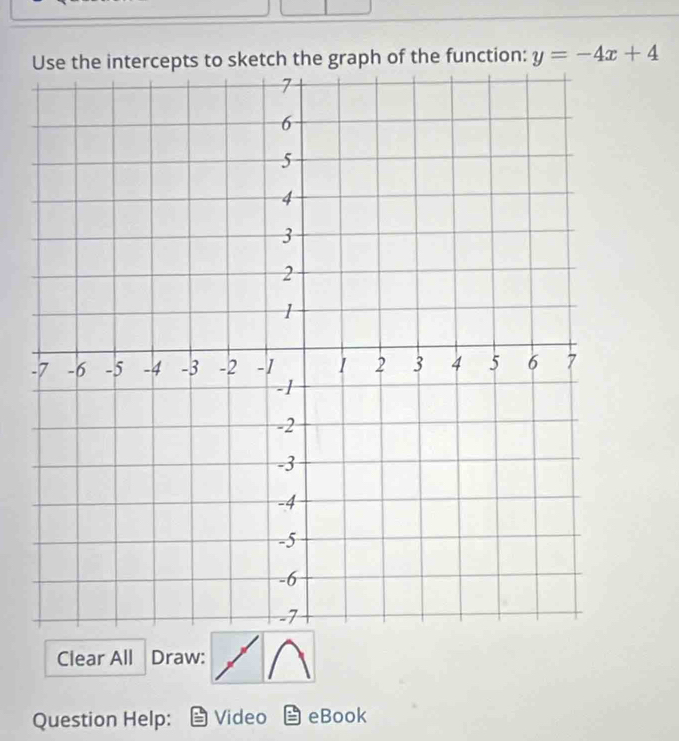 ketch the graph of the function: y=-4x+4
Clear All Draw: 
Question Help: Video eBook