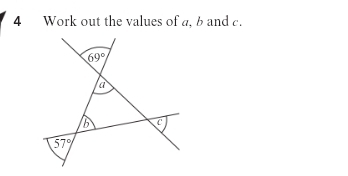 Work out the values of a, b and c.
69°
a
b C
57°