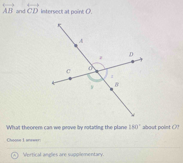 overleftrightarrow AB and overleftrightarrow CD intersect at point O.
What theorem can we prove by rotating the plane 180° about point O?
Choose 1 answer:
Vertical angles are supplementary.