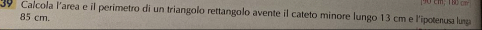 90 cm; 180 cm
39 Calcola l'area e il perimetro di un triangolo rettangolo avente il cateto minore lungo 13 cm e l'ipotenusa lunga
85 cm.