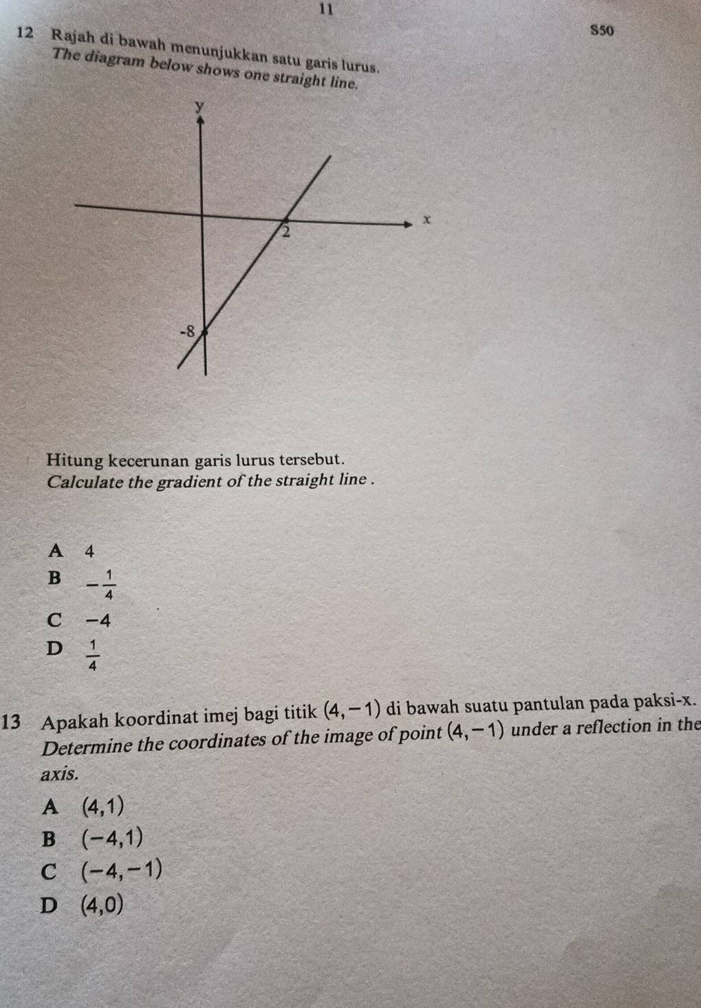 S50
12 Rajah di bawah menunjukkan satu garis lurus.
The diagram below shows one straight line.
Hitung kecerunan garis lurus tersebut.
Calculate the gradient of the straight line .
A 4
B - 1/4 
C -4
D  1/4 
13 Apakah koordinat imej bagi titik (4,-1) di bawah suatu pantulan pada paksi- x.
Determine the coordinates of the image of point (4,-1) under a reflection in the
axis.
A (4,1)
B (-4,1)
C (-4,-1)
D (4,0)