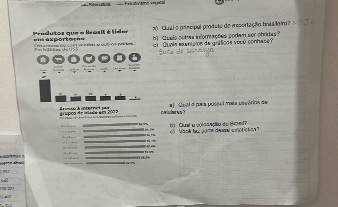 Silvicultura === Extrativismo vegetal 
Produtos que o Brasil é líder a) Qual o principal produto de exportação brasileiro? 
em exportação b) Quais outras informações podem ser obtidas? 
Faturamento com vendas a outros países. c) Quais exemplos de gráficos você conhece? 
Em bilhões de USS 
Acesso à internet por a) Qual o país possui mais usuários de 
grupos de idade em 2022 celulares? 
Em 2022, 161, 6 milhões de brasfeiros stiitaxam interner
84,9%
? a t mexs b) Qual a colocação do Brasil?
5g1 a 94,1% c) Você faz parte dessa estatística?
21 × 24 anos 1 96,1%
Z Z 96,1%
195,4%
92.5%
ígra ões a 86.3%
meros absol 52.1%
6337
196 227
2.401
15