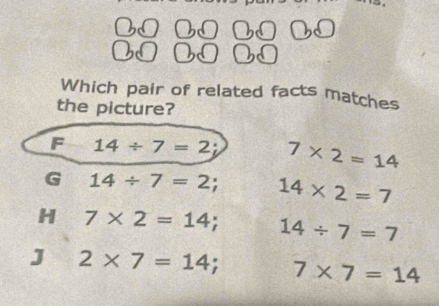 Which pair of related facts matches
the picture?
F 14/ 7=2
7* 2=14
G 14/ 7=2; 14* 2=7
H 7* 2=14 14/ 7=7
J 2* 7=14
7* 7=14