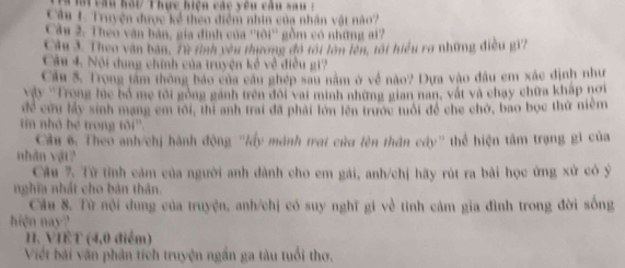 Truyện được kẻ theo điểm nhìn của nhân vật nào7 
Cầu 2. Theo văn bàn, gia định của ''tôi'' gồm có những ai? 
Câu 3. Theo văn ban. 7u tình yêu thương đô tối tớn tên, tôi hiểu rợ những điều gi7 
Câu 4. Nội dung chính của truyện kẻ về điều gi? 
Cầu 5. Trong tâm thông bảo của câu ghép sau năm ở về nào? Dựa vào đầu em xác định như 
Vậy ''Trong lúc bỏ mẹ tới gồng gánh trên đôi vai minh những gian nan, vật và chạy chữa kháp nơi 
để cứu lấy sinh mạng em tôi, thi anh trai đã phải lớn lên trước tuổi đề che chờ, bao bọc thử niêm 
tin nhỏ bé trong tôi''. 
Cầu 6. Theo anh/chị hành động ''lấy mành trai của lên thân cây'' thể hiện tâm trạng gi của 
nhân vật? 
Câu 7. Từ tỉnh cảm của người anh dành cho em gái, anh/chị hãy rút ra bài học ứng xử có ý 
nghĩa nhất cho bản thân. 
Cầu 8. Từ nội dung của truyện, anh/chị có suy nghĩ gi về tình cám gia đình trong đời sống 
hiện nay? 
II. VIET (4, 0 điểm) 
Viết bài văn phân tích truyện ngắn ga tàu tuổi thơ.