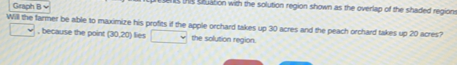 Graph B 
hs this situation with the solution region shown as the overlap of the shaded regions 
Will the farmer be able to maximize his profits if the apple orchard takes up 30 acres and the peach orchard takes up 20 acres? 
, because the point (30,20) lies the solution region.