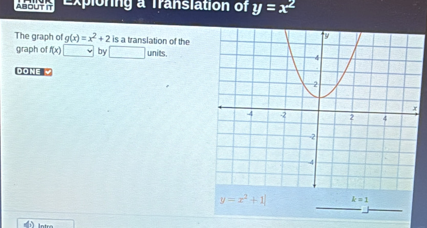 ABOUTIT Exploring a Translation of y=x^2
The graph of g(x)=x^2+2 is a translation of the 
graph of f(x) by |MN|= |MN|/|NF| =frac |x= 4sqrt(5)/5  units. 
DONE
y=x^2+1|
k=1
Intro