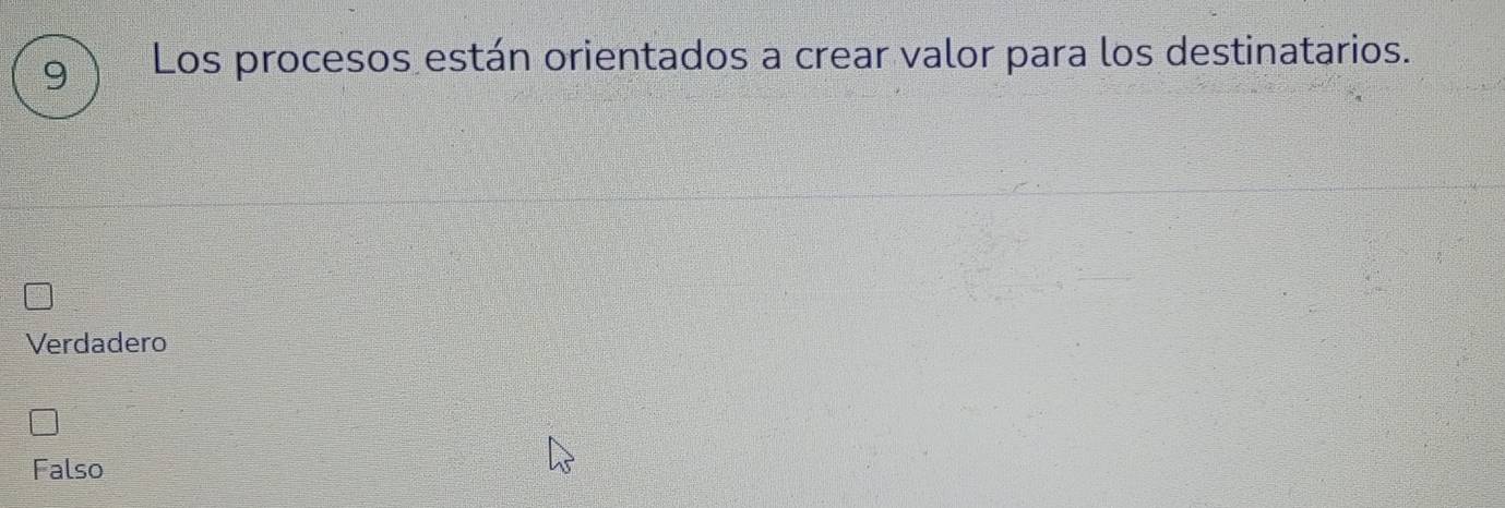 Los procesos están orientados a crear valor para los destinatarios.
Verdadero
Falso