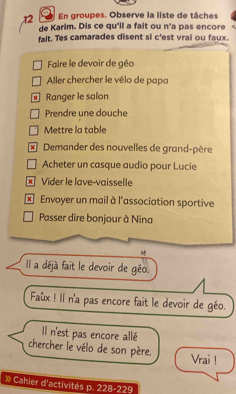 En groupes. Observe la liste de tâches 
de Karim. Dis ce qu'il a fait ou n'a pas encore 
fait. Tes camarades disent si c’est vrai ou faux. 
Faire le devoir de géo 
Aller chercher le vélo de papa 
x Ranger le salon 
Prendre une douche 
Mettre la table 
x Demander des nouvelles de grand-père 
Acheter un casque audio pour Lucie 
× Vider le lave-vaisselle 
× Envoyer un mail à l'association sportive 
Passer dire bonjour à Nina 
Il a déjà fait le devoir de géo. 
Faux ! Il n'a pas encore fait le devoir de géo. 
Il n'est pas encore allé 
chercher le vélo de son père. 
Vrai ! 
» Cahier d'activités p. 228-229