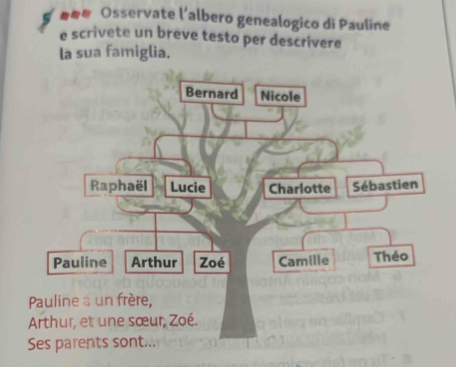 eee Osservate l'albero genealogico di Pauline 
e scrivete un breve testo per descrivere 
la sua famiglia. 
Pauline à un frère, 
Arthur, et une sœur, Zoé. 
Ses parents sont...