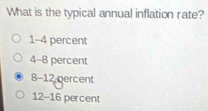 What is the typical annual inflation rate?
1 - -4 percent
4-8 percent
8-12 percent
12-16 percent