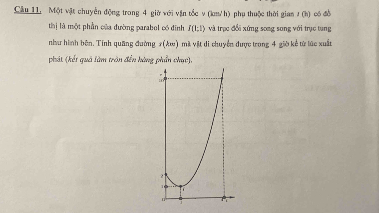 Một vật chuyền động trong 4 giờ với vận tốc v (km/h) phụ thuộc thời gian / (h) có đồ 
thị là một phần của đường parabol có đinh I(1;1) và trục đối xứng song song với trục tung 
như hình bên. Tính quãng đường s(km) mà vật di chuyền được trong 4 giờ kể từ lúc xuất 
phát (kết quả làm tròn đến hàng phần chục).