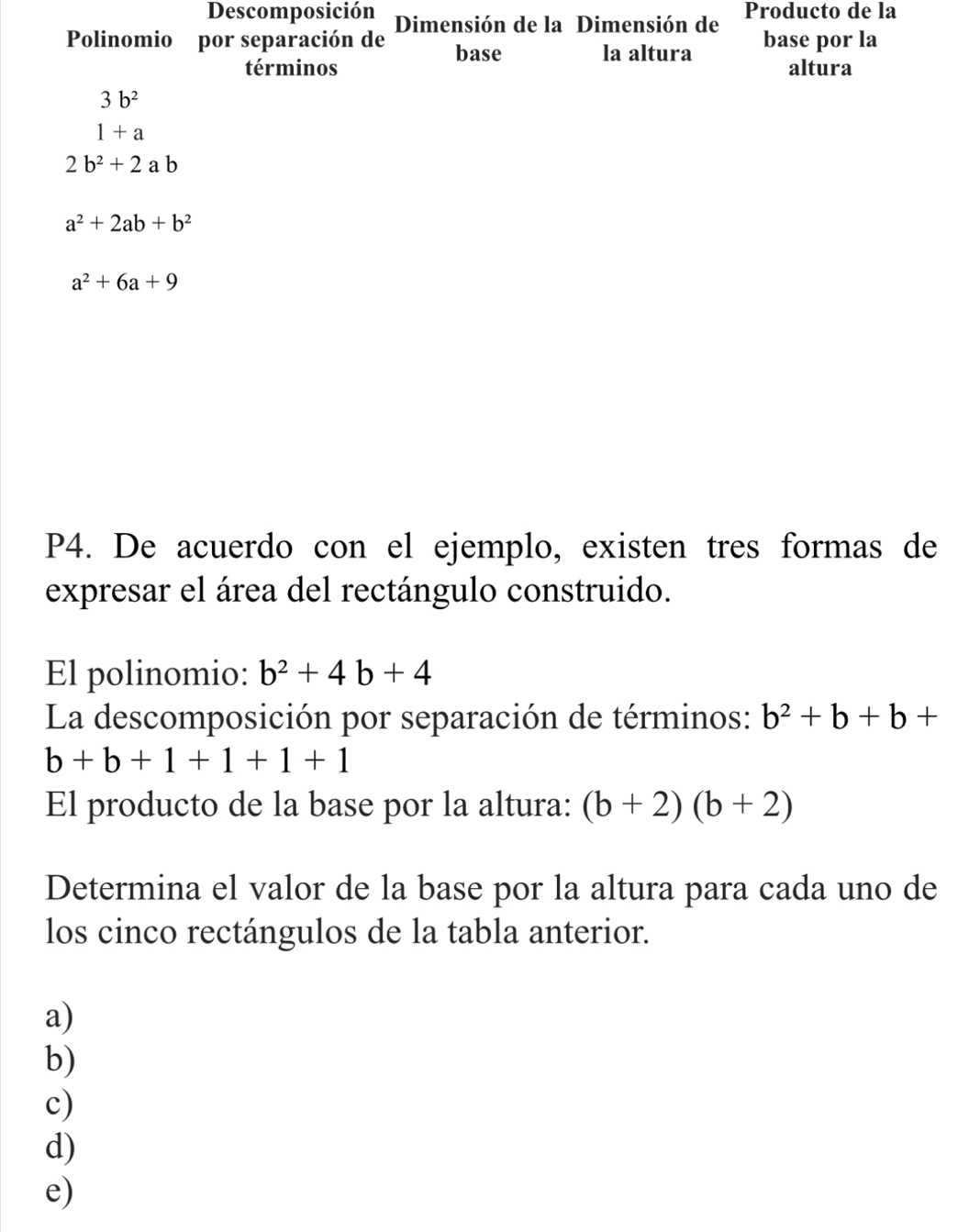 Descomposición
Polinomio por separación de Dimensión de la Dimensión de Producto de la
base la altura base por la
términos altura
3b^2
1+a
2b^2+2ab
a^2+2ab+b^2
a^2+6a+9
P4. De acuerdo con el ejemplo, existen tres formas de
expresar el área del rectángulo construido.
El polinomio: b^2+4b+4
La descomposición por separación de términos: b^2+b+b+
b+b+1+1+1+1
El producto de la base por la altura: (b+2)(b+2)
Determina el valor de la base por la altura para cada uno de
los cinco rectángulos de la tabla anterior.
a)
b)
c)
d)
e)