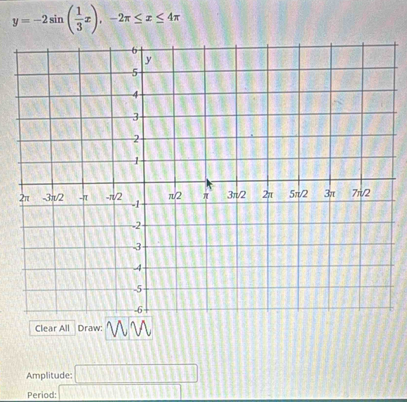 y=-2sin ( 1/3 x), -2π ≤ x≤ 4π
Clear All Draw: 
Amplitude: □ 
Period: □