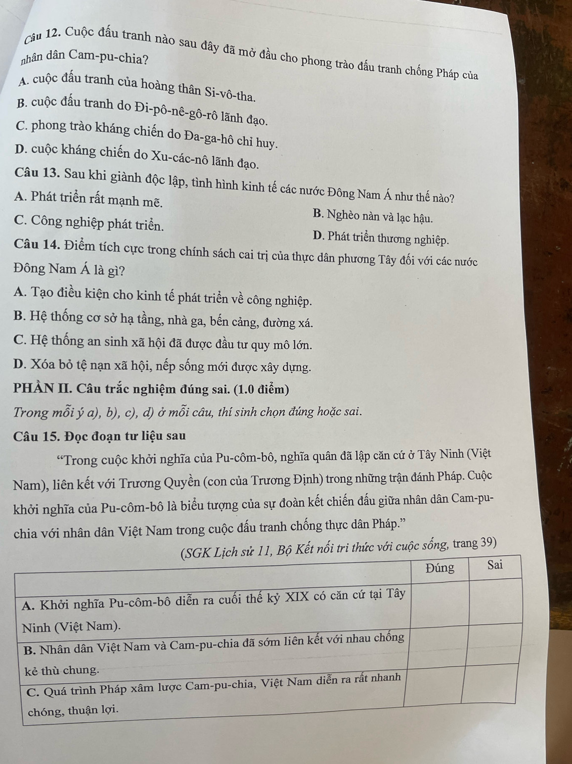 Cuộc đấu tranh nào sau đây đã mở đầu cho phong trào đấu tranh chống Pháp của
nhân dân Cam-pu-chia?
A. cuộc đấu tranh của hoàng thân Si-vô-tha.
B. cuộc đấu tranh do Đi-pô-nê-gô-rô lãnh đạo.
C. phong trào kháng chiến do Đa-ga-hô chỉ huy.
D. cuộc kháng chiến do Xu-các-nô lãnh đạo.
Câu 13. Sau khi giành độc lập, tình hình kinh tế các nước Đông Nam Á như thế nào?
A. Phát triển rất mạnh mẽ. B. Nghèo nàn và lạc hậu.
C. Công nghiệp phát triển. D. Phát triển thương nghiệp.
Câu 14. Điểm tích cực trong chính sách cai trị của thực dân phương Tây đối với các nước
Đông Nam Á là gì?
A. Tạo điều kiện cho kinh tế phát triển về công nghiệp.
B. Hệ thống cơ sở hạ tầng, nhà ga, bến cảng, đường xá.
C. Hệ thống an sinh xã hội đã được đầu tư quy mô lớn.
D. Xóa bỏ tệ nạn xã hội, nếp sống mới được xây dựng.
PHÀN II. Câu trắc nghiệm đúng sai. (1.0 điểm)
Trong mỗi ý a), b), c), d) ở mỗi câu, thí sinh chọn đúng hoặc sai.
Câu 15. Đọc đoạn tư liệu sau
“Trong cuộc khởi nghĩa của Pu-côm-bô, nghĩa quân đã lập căn cứ ở Tây Ninh (Việt
Nam), liên kết với Trương Quyền (con của Trương Định) trong những trận đánh Pháp. Cuộc
khởi nghĩa của Pu-côm-bô là biểu tượng của sự đoàn kết chiến đấu giữa nhân dân Cam-pu-
chia với nhân dân Việt Nam trong cuộc đấu tranh chống thực dân Pháp.”
1, Bộ Kết nổi tri thức với cuộc sống, trang 39)