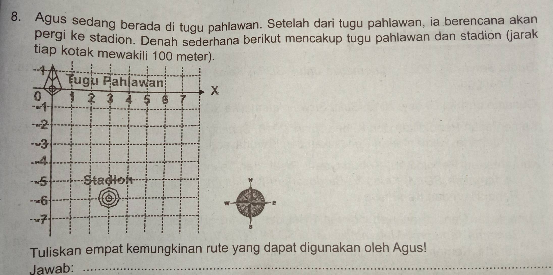 Agus sedang berada di tugu pahlawan. Setelah dari tugu pahlawan, ia berencana akan 
pergi ke stadion. Denah sederhana berikut mencakup tugu pahlawan dan stadion (jarak 
tiap kotak mewakili 100 meter). 
w 
-E 
s 
Tuliskan empat kemungkinan rute yang dapat digunakan oleh Agus! 
Jawab:_