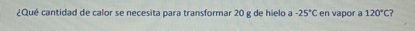 ¿Qué cantidad de calor se necesita para transformar 20 g de hielo a -25°C en vapor a 120°C