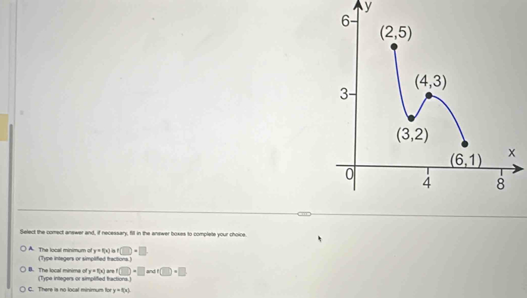 Select the correct answer and, if necessary, fill in the answer boxes to complete your choice.
A. The local minimum of y=f(x) is f (□ )=□
(Type integers or simplified fractions.)
B. The local minima of y=f(x) are f(□ )=□ and t□ =□
(Type integers or simplified fractions.)
C. There is no local minimum for y=f(x).