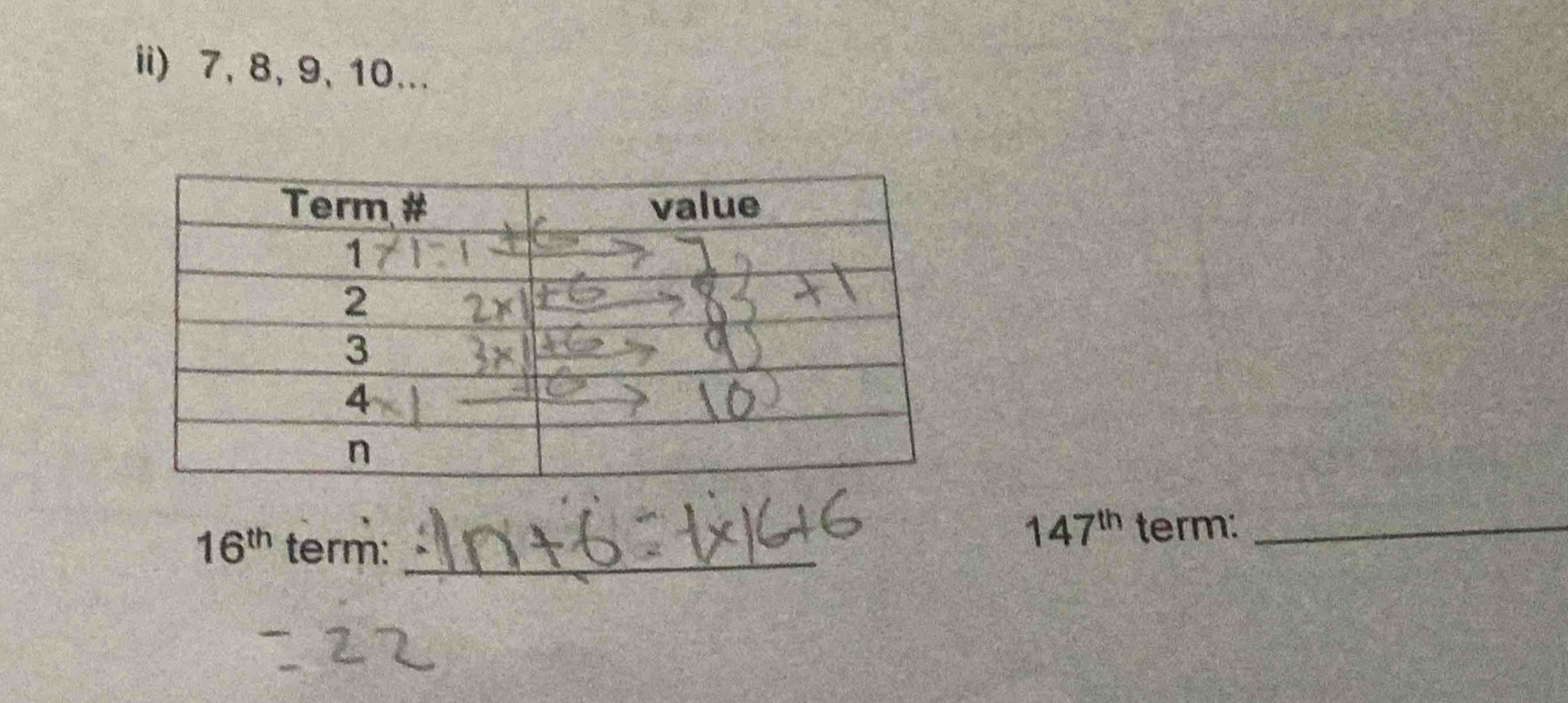 ii) 7, 8, 9, 10...
16^(th) term:_
147^(th) term:_