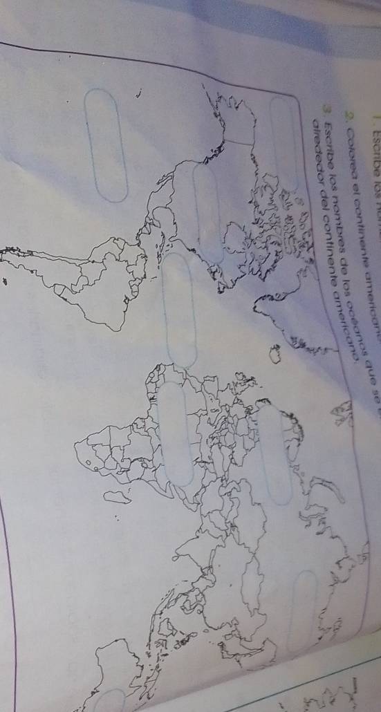 cribe l o s 
2 . Colorea el continente am eri an 
3. Escribe los nombres de los océanos que se