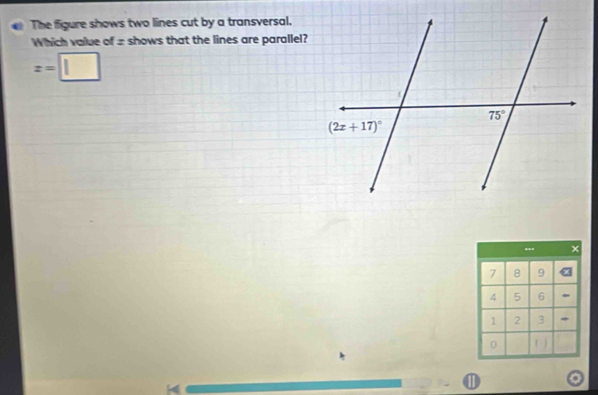 The figure shows two lines cut by a transversal.
Which value of ± shows that the lines are parallel?
z=□... ×
7 8 9
4 5 6
1 2 3 *
0